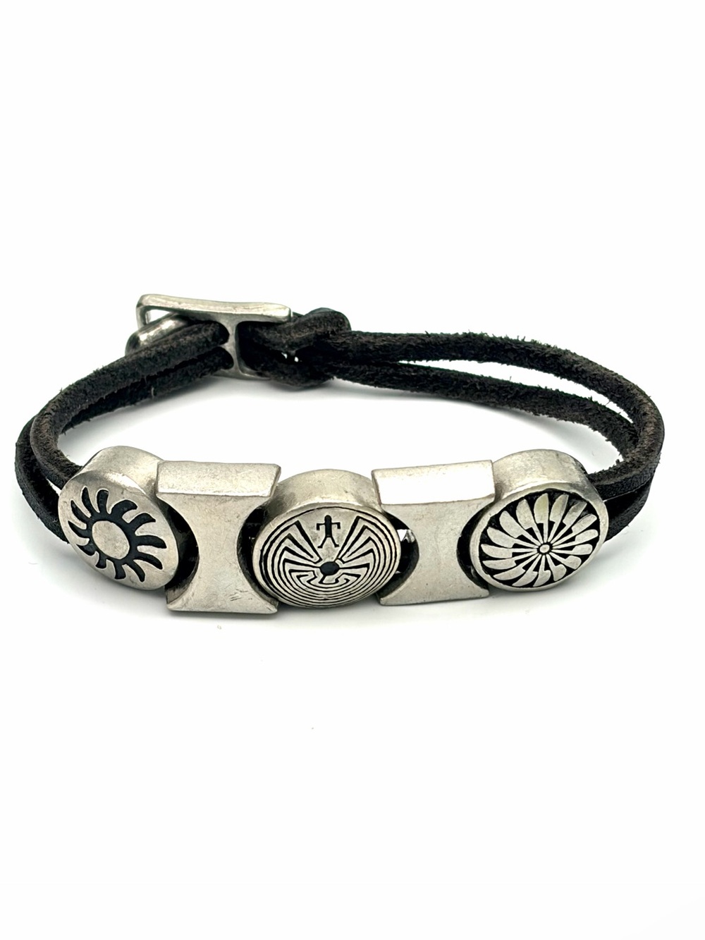 Black Leather and Cast Pewter Tribal Disc Bracelet - Native American
